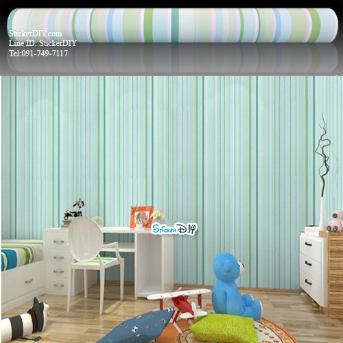 (กว้าง45cm.xยาว10m.)Wallpaper sticker วอลเปเปอร์แบบกาวในตัว Line สไตล์E สีเขียว