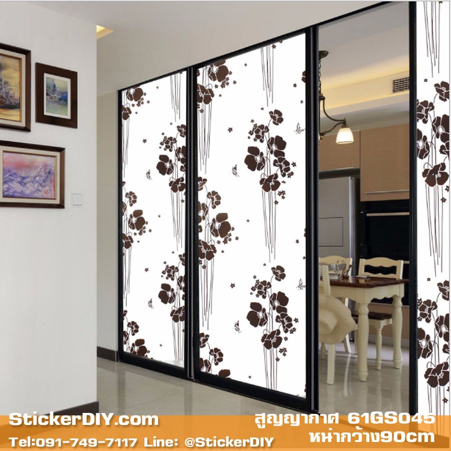 (กว้าง90cm.xยาว117cm.) ฟิล์ม PVC สูญญากาศติดกระจก "Black Flower"