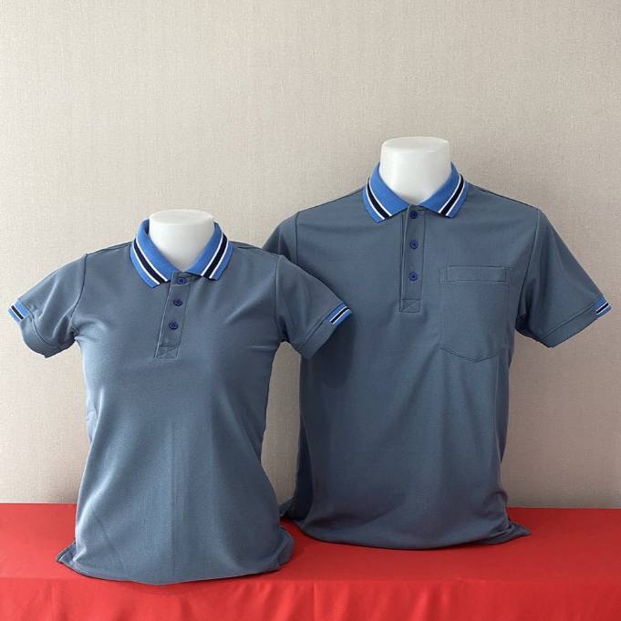 เสิ้อยืดปกโปโลสีเทาคอปกฟ้า เสื้อโปโลแขนสั้น เสื้อฟอร์มพนักงาน พร้อมส่ง
