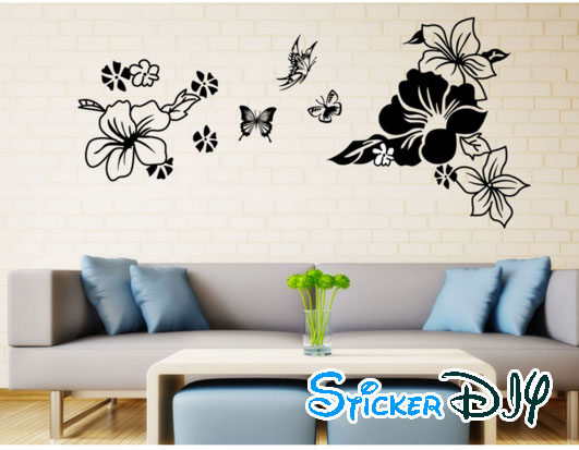 Transparent wall sticker สติ๊กเกอร์ติดผนัง ดอกชบาสีดำ (กว้าง110cm.xสูง50cm.)
