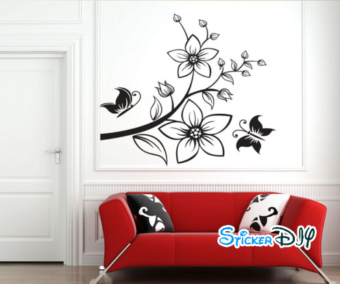 Transparent wall sticker สติ๊กเกอร์ติดผนัง กิ่งไม้ดอกผีเสื้อสีดำ (กว้าง100cm.xสูง130cm.)