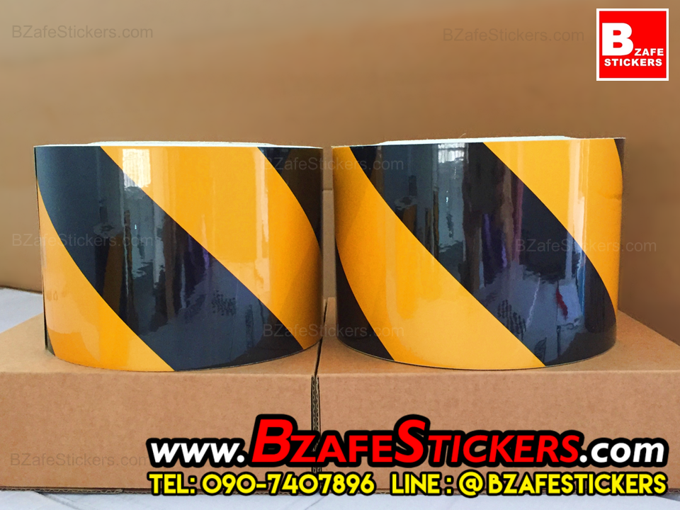 แถบสติ๊กเกอร์สะท้อนแสง เหลือง-ดำ ลายเฉียง กว้าง 4 นิ้ว x ยาว 45 ม.