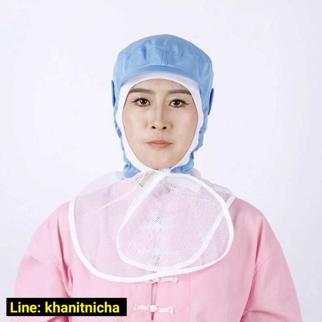 หมวกโรงงาน หมวกอนามัยป้องกันฝุ่น หมวกโรงงานคลุมไหล่ สีฟ้า สีขาว