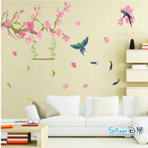 Transparent wall sticker สติ๊กเกอร์ติดผนัง กิ่งไม้ดอกพีชฤดูใบไม้ผลิ (กว้าง150cm.xสูง130cm.)