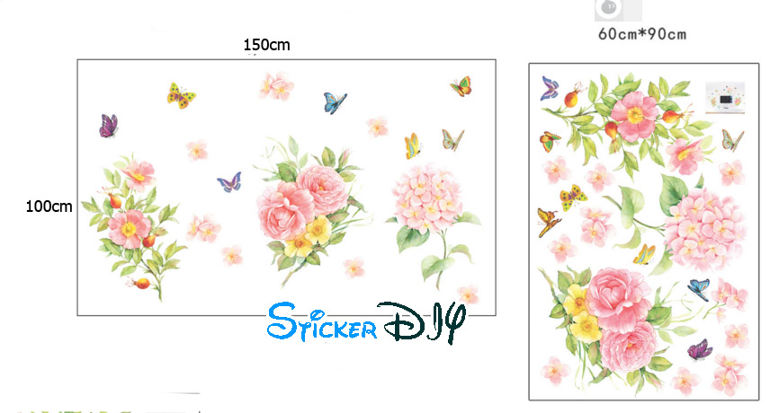 Transparent wall sticker สติ๊กเกอร์ติดผนัง ดอกกุหลาบชมพูและผีเสื้อ (กว้าง150cm.xสูง110cm.)