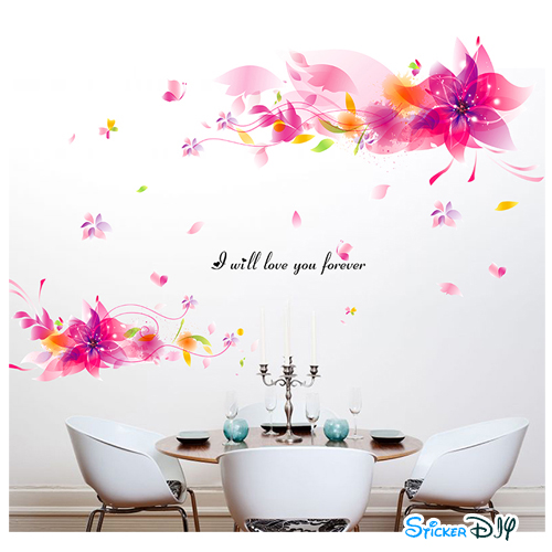 Transparent wall sticker สติ๊กเกอร์ติดผนัง ดอกลิลลี่ชมพูม่วง (กว้าง127cm.xสูง84cm.)