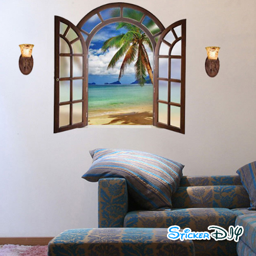 Wall Sticker สติ๊กเกอร์ติดผนังสามมิติ 3D หน้าต่าง BEACH B (กว้าง100cm.xสูง65cm.)