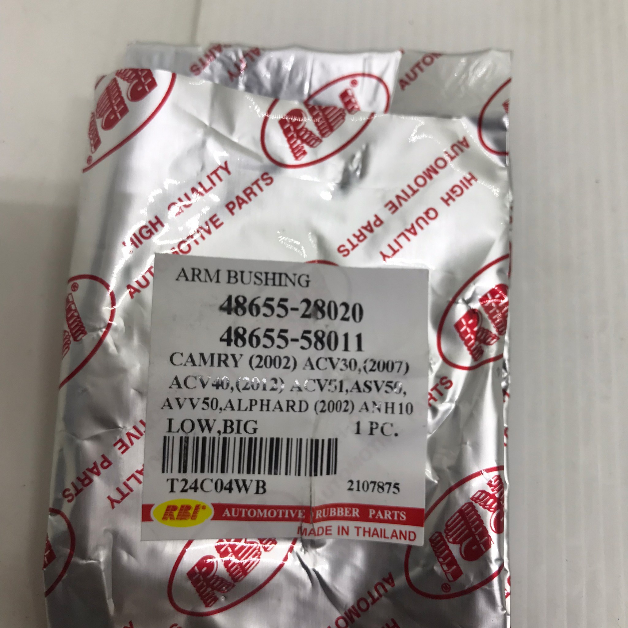 (1ตัว) บู๊ชปีกนก TOYOTA ตัวล่าง ตัวใหญ่ CAMRY ACV30, ACV40, ACV51, ASV50, AVV50 / ALPHARD / ANH10 ตัว ล่าง โตโยต้า คัมรี่ / อัลพาร์ด / LOWER / BIG ARM BUSHING ยี่ห้อ RBI / เบอร์ 48655-28020 / 48655-58011 / T24C04WB