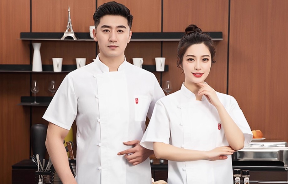 เสื้อเชฟสไตล์จีนติดกระดุมแขนสั้น เสื้อเชฟร้านอาหาร ด้านหลังเป็นผ้าระบายอากาศ