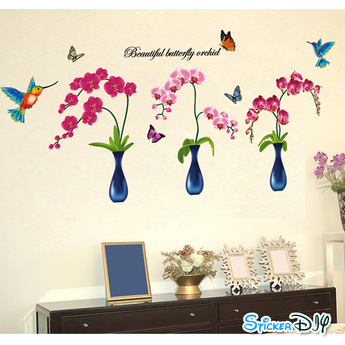 Transparent wall sticker สติ๊กเกอร์ติดผนัง 3D แจกันกล้วยไม้ (กว้าง122cm.xสูง60cm.)