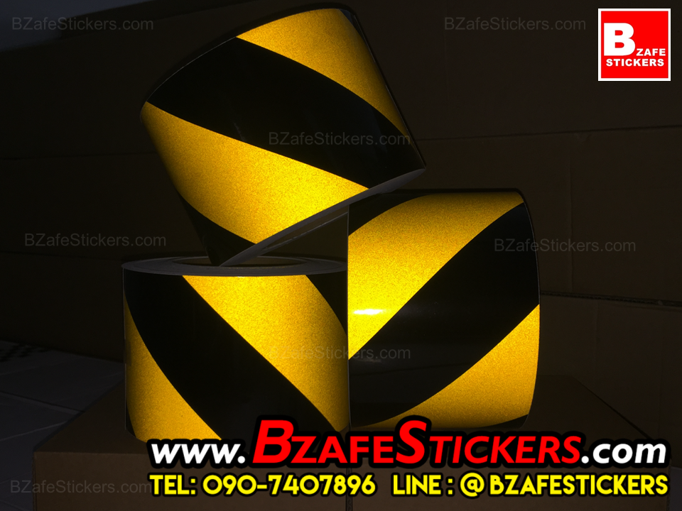 แถบสติ๊กเกอร์สะท้อนแสง เหลือง-ดำ ลายเฉียง กว้าง 4 นิ้ว x ยาว 45 ม.