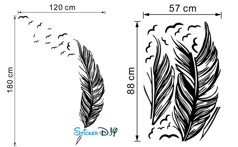Vinyl wall sticker สติ๊กเกอร์ติดผนัง Feather ด้านขวา สีดำ (กว้าง120cm.xสูง180cm.)