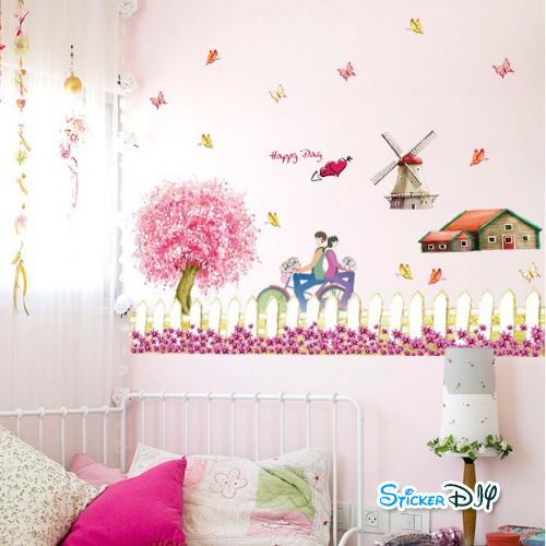 Transparent wall sticker สติ๊กเกอร์ติดผนัง "Happy day" (กว้าง120cm.xสูง60cm.)