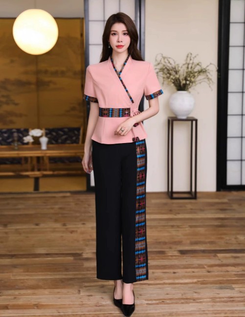 ชุดช่างนวดไทยและแช่เท้าผู้หญิง ชุดทำงานเสริมสวย สปา คลับสุขภาพ ร้านเสริมสวย ชุดสูทแขนสั้น