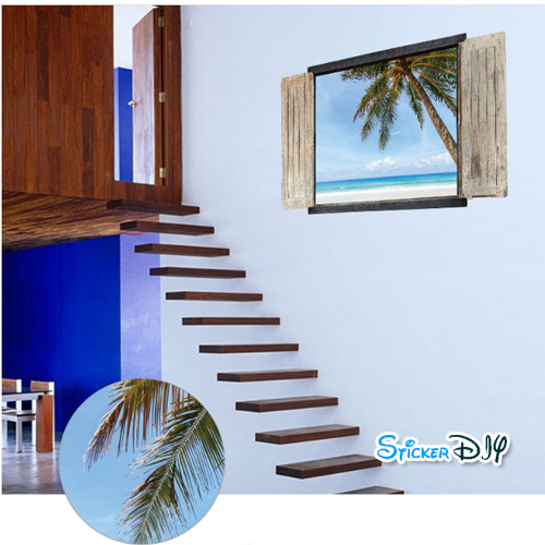 Wall Sticker สติ๊กเกอร์ติดผนังสามมิติ 3D หน้าต่าง BEACH A (กว้าง90cm.xสูง60cm.)