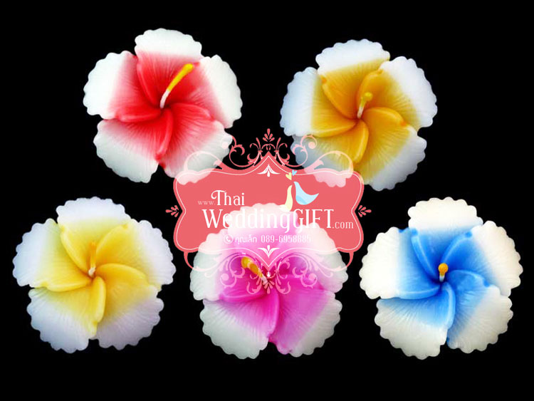 เทียนหอมลอยน้ำดอกชบา แพ็คถุงแก้ว ผูกเชือกพร้อมใบไม้