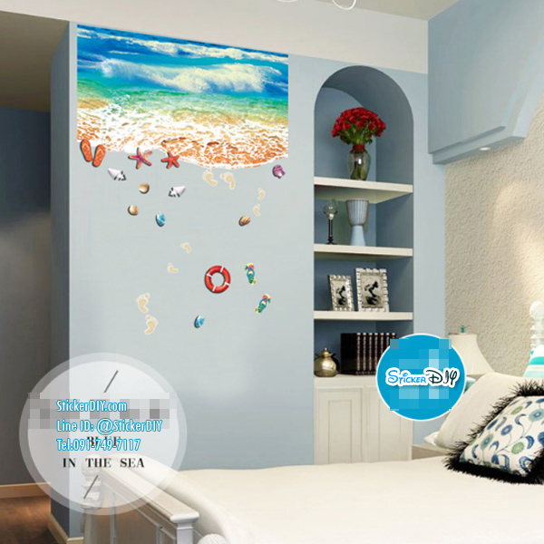 Wall Sticker สติ๊กเกอร์ติดผนังสามมิติ 3D ชายหาด SK9174N (กว้าง90cm.xสูง60cm)