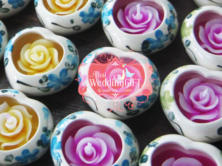 เทียนหอมดอกกุหลาบบรรจุในเซรามิคหัวใจ/ ช้าง/ โอ่ง แพ็คถุงแก้ว ผูกเชือกพร้อมใบไม้