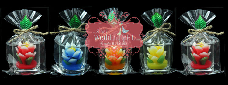 เทียนหอมดอกบัวบรรจุในแก้วใส แพ็คถุงแก้ว ผูกเชือกพร้อมใบไม้