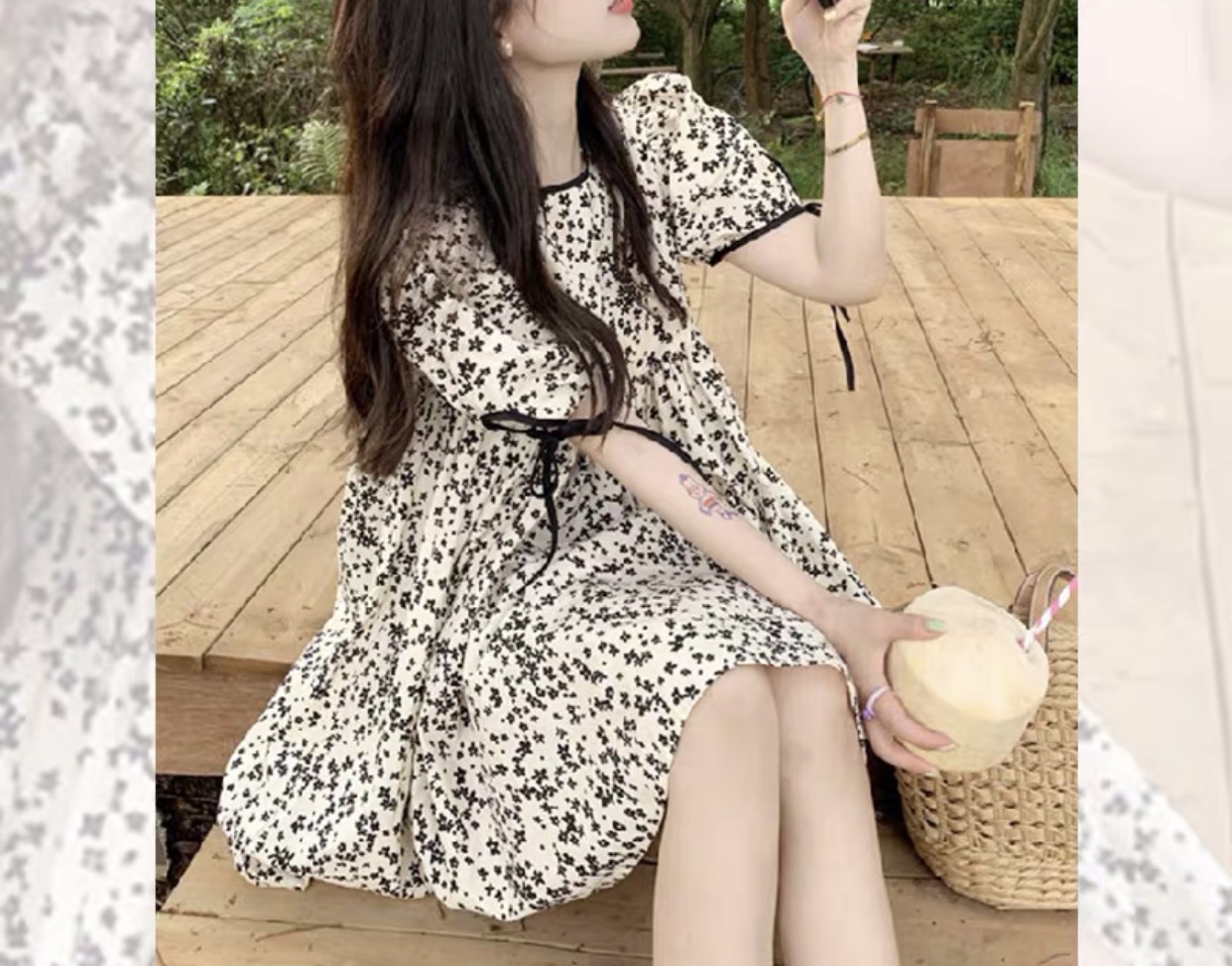 P48108 ชุดเดรสแฟชั่น ผ้าฝ้ายเนื้อดี แขนผูกโบว์ สีครีมลายดอก