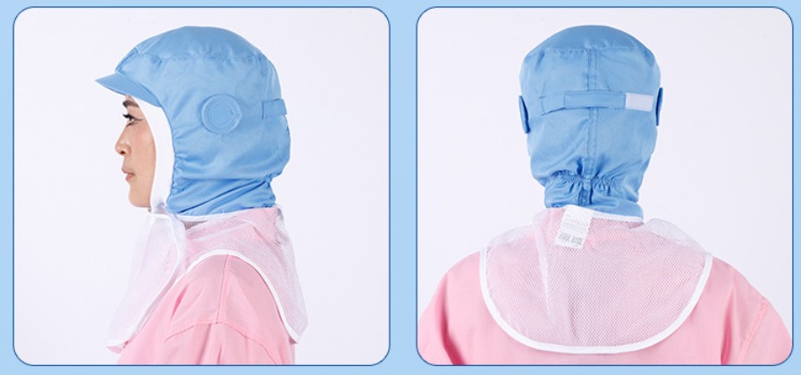 หมวกโรงงาน หมวกอนามัยป้องกันฝุ่น หมวกโรงงานคลุมไหล่ สีฟ้า สีขาว