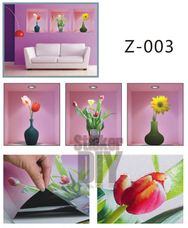 Wall Sticker สติ๊กเกอร์ติดผนัง 3D แจกันดอกไม้ (กว้าง33cmxสูง33cm จำนวน3ชิ้น ติดได้Freesize)