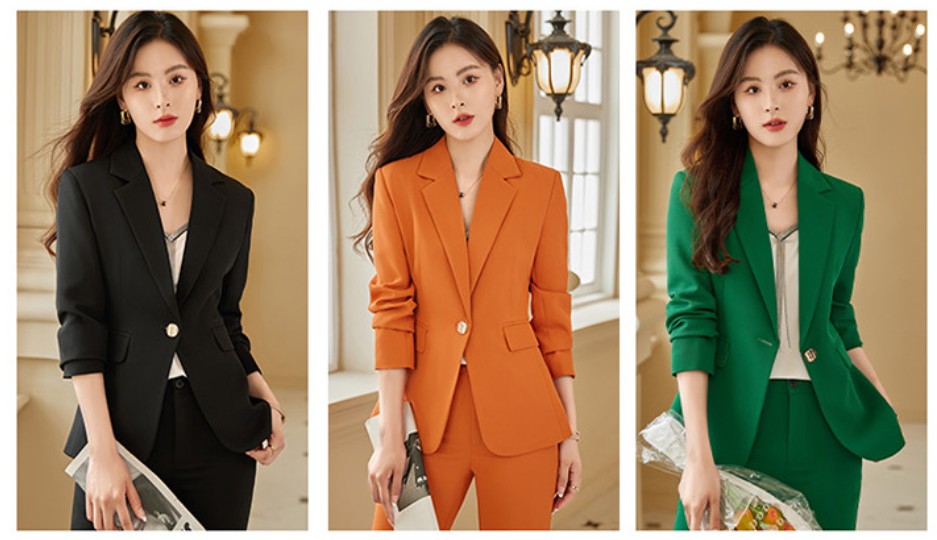 ชุดสูทกางเกง ชุดพนักงานต้อนรับ ชุดคลินิกความงาม สีเขียวเข้ม สีส้ม สีดำ
