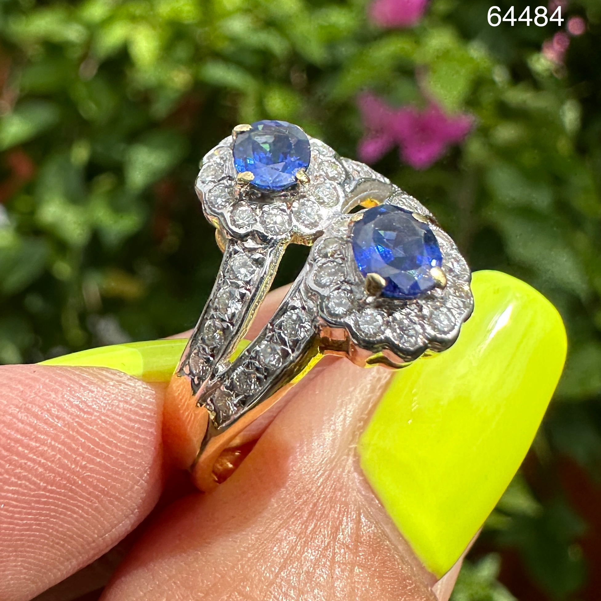 รหัส 64484 แหวน ไพลิน ซีลอน ไขว้ 2 เม็ด 1.00 กะรัต ฝังเพชร 40 เม็ด 0.50 กะรัต ทอง18K ขนาด 55.5 นน. 5.55 g