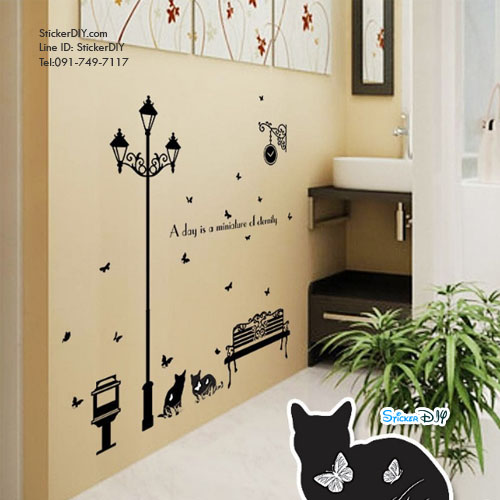 Transparent wall sticker สติ๊กเกอร์ติดผนัง เสาไฟ "Lamp Cat a day" (กว้าง145cm.xสูง153cm.)