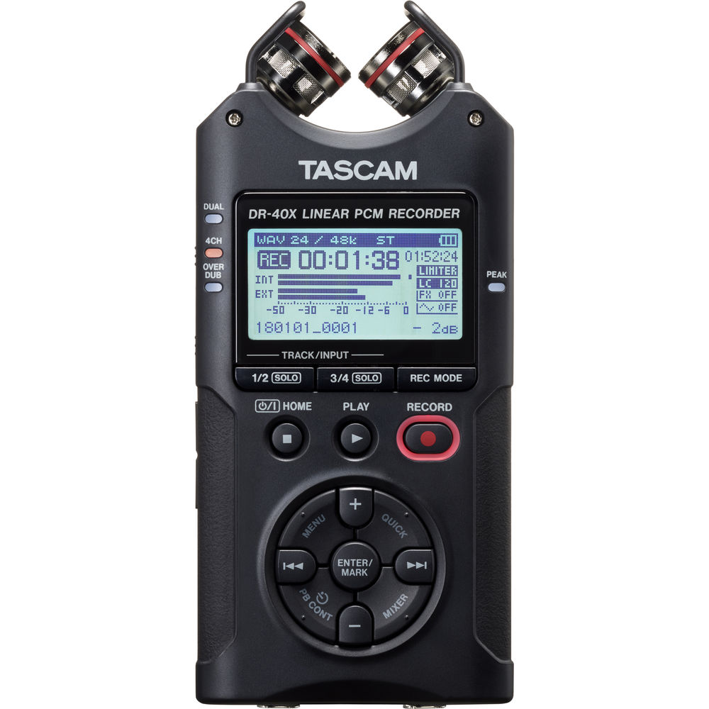Tascam DR-40X *ของแท้รับประกันศูนย์* เครื่องบันทึกเสียง 4 แทร็ก, 96 kHz / 24-Bit, ไมค์ Stereo, ลำโพงในตัว, ช่องต่อหูฟัง