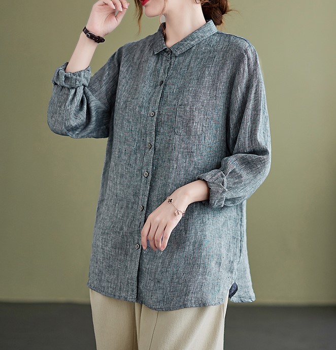 P09608 เสื้อเชิ้ตผ้าฝ้ายแขนยาว กระดุมหน้า สีเทา
