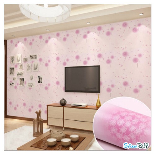 (หน้ากว้าง45cm.xยาว10m.)Wallpaper sticker วอลเปเปอร์แบบกาวในตัว Dandelion สีชมพู