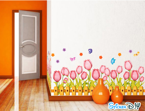 Wall sticker สติ๊กเกอร์ติดผนัง รัวไม้ Tulip สีชมพู (กว้าง138cm.xสูง35cm.)