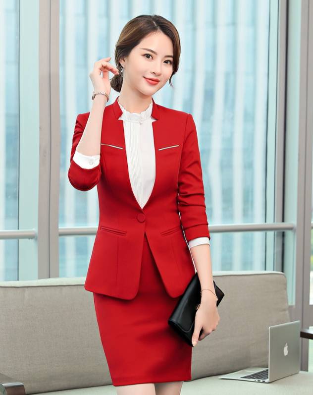 ชุดสูทกระโปรงสีแดง ชุดสูทกางเกงสีแดง สีเทา สีดำ ชุดพนักงานออฟฟิศ ชุดพนักงานต้อนรับโรงแรม