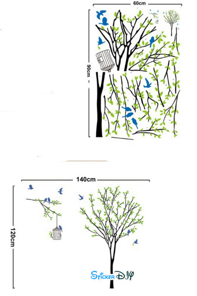 Transparent wall sticker สติ๊กเกอร์ติดผนัง ต้นไม้กรงนกฟ้า (กว้าง140cm.xสูง120cm.)