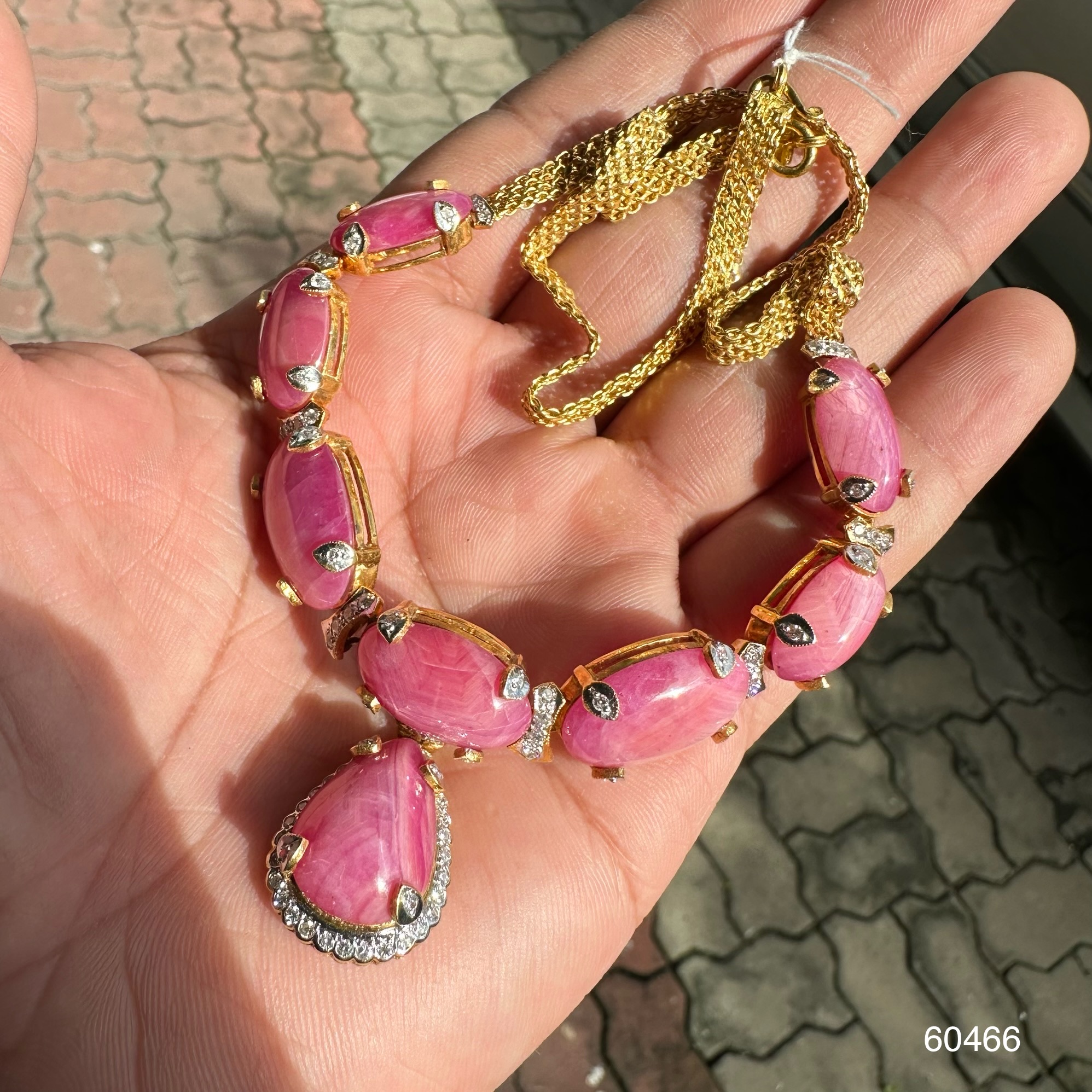 รหัส 60466 สร้อยคอ ทับทิม พม่า กิมบ่เซียง 8 เม็ด 120 กะรัต ฝังเพชร 74 เม็ด 0.85 กะรัต สายทอง96.5 พร้อม Cert. นน