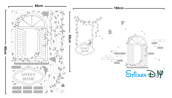 Transparent wall sticker สติ๊กเกอร์ติดผนัง หน้าต่าง SWEET HOME สีเทา (กว้าง160cm.xสูง90cm.)