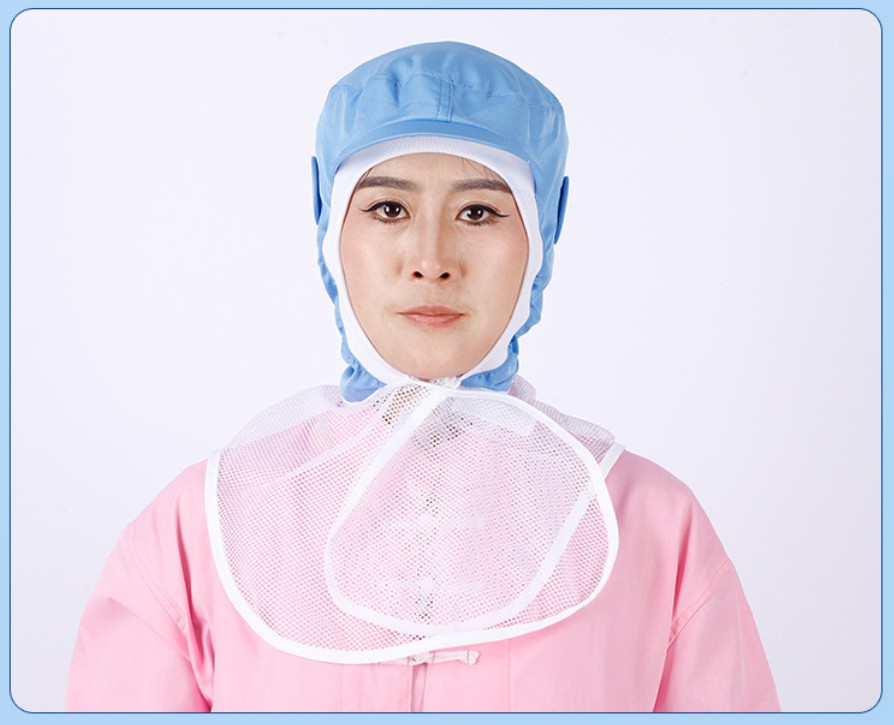 หมวกโรงงาน หมวกอนามัยป้องกันฝุ่น หมวกโรงงานคลุมไหล่ สีฟ้า สีขาว