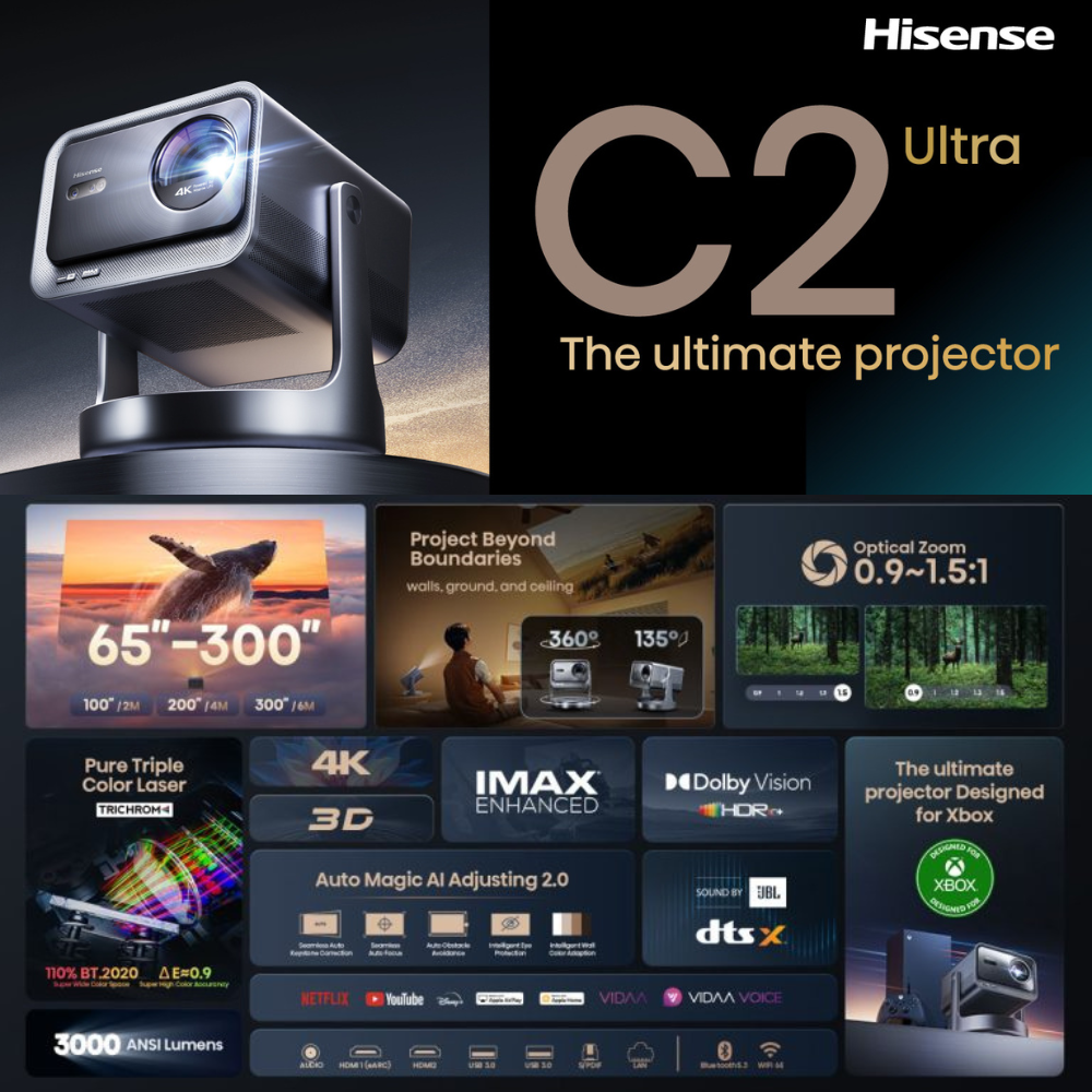 Hisense C2 Ultra Smart Mini Projector 4k Dolby Vision IMAX Enhance 65"- 300" C2 รับประกันศูนย์