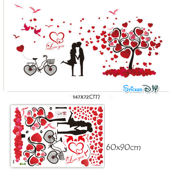 Transparent wall sticker สติ๊กเกอร์ติดผนัง ต้นไม้หัวใจแดง Love you (กว้าง147cm.xสูง72cm.)