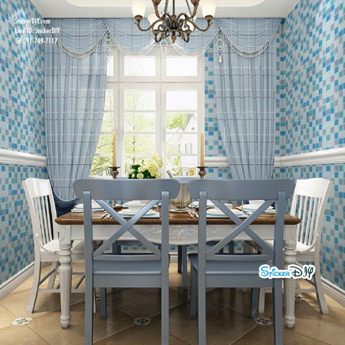 (กว้าง45cm.xยาว10m.)Wallpaper sticker วอลเปเปอร์แบบกาวในตัว ลายโมเสค สไตล์A สีฟ้า
