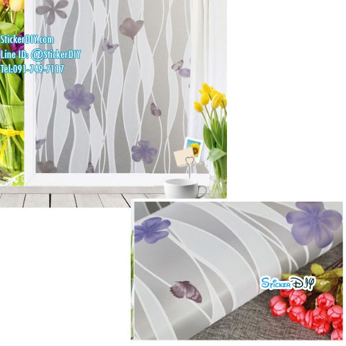 สติ๊กเกอร์ฝ้าติดกระจก แบบมีกาวในตัว เกลียวดอกไม้ม่วง (หน้ากว้าง 90cm) เมตรละ 89 บาท