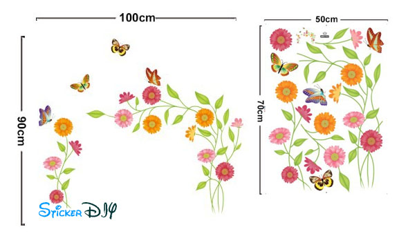 Transparent wall sticker สติ๊กเกอร์ติดผนัง ดอกเบญจมาศและผีเสื้อ (กว้าง100cm.xสูง90cm.)