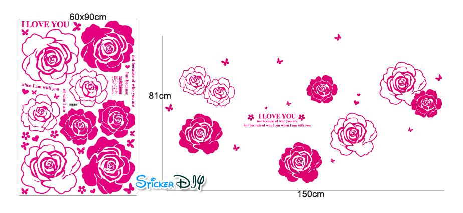Transparent wall sticker สติ๊กเกอร์ติดผนัง ดอกกุหลาบ I LOVE YOU สีชมพูเข้ม (กว้าง150cm.xสูง81cm.)