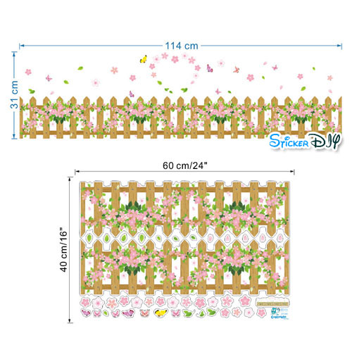 Wall Sticker สติ๊กเกอร์ติดผนัง แต่งขอบ รั้วไม้ดอกไม้ชมพู (กว้าง114cm.xสูง31cm.)
