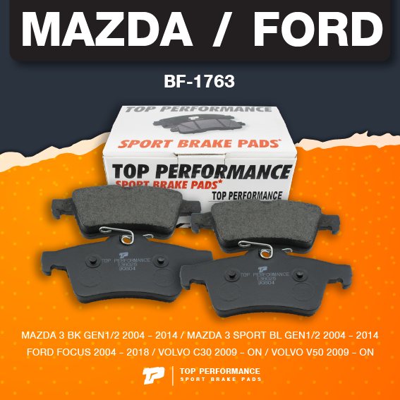 (ประกัน 3 เดือน)ผ้าเบรค หลัง MAZDA 3 BK BL / FORD FOCUS / VOLVO C30 V50 - TOP PERFORMANCE JAPAN - BF 1763 - ผ้าเบรก มาสด้า ฟอร์ด โฟกัส