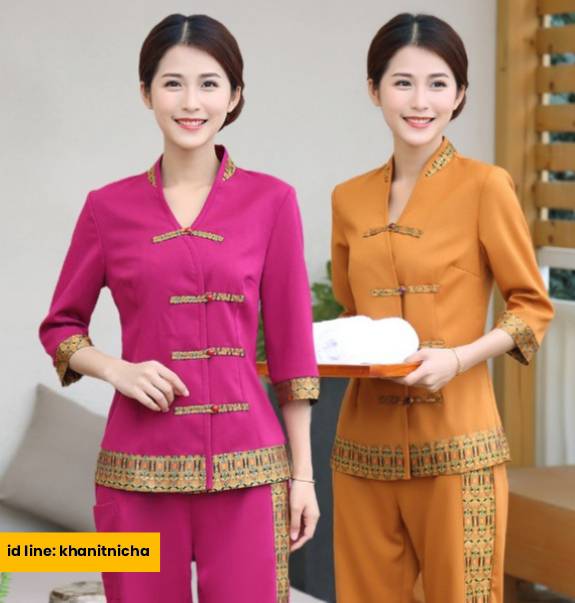 ชุดนวดสปาหญิง ชุดสปาโรงแรม ชุดนวดแผนไทย สีชมพูบานเย็น สีส้ม