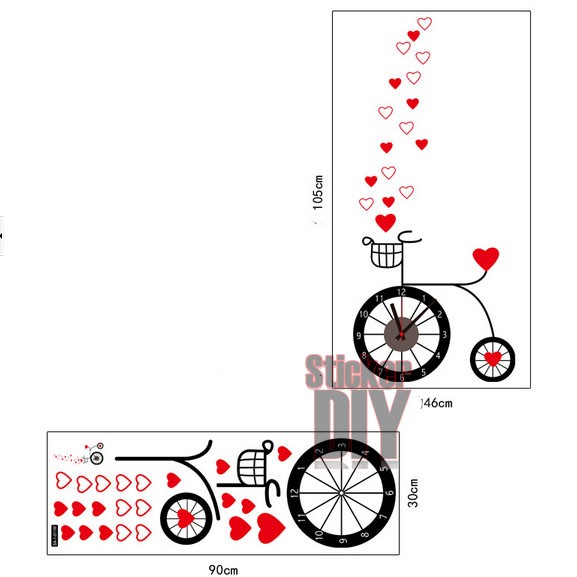 Wall clock sticker สติ๊กเกอร์นาฬิกาติดผนัง Bicycle in love (กว้าง46cm.xสูง105cm.)