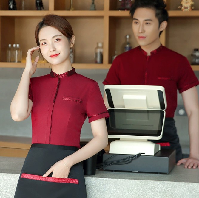 ชุดพนักงานเสริฟ ชุดพนักงานร้านอาหาร ร้านกาแฟ รีสอร์ท สีดำ สีแดง