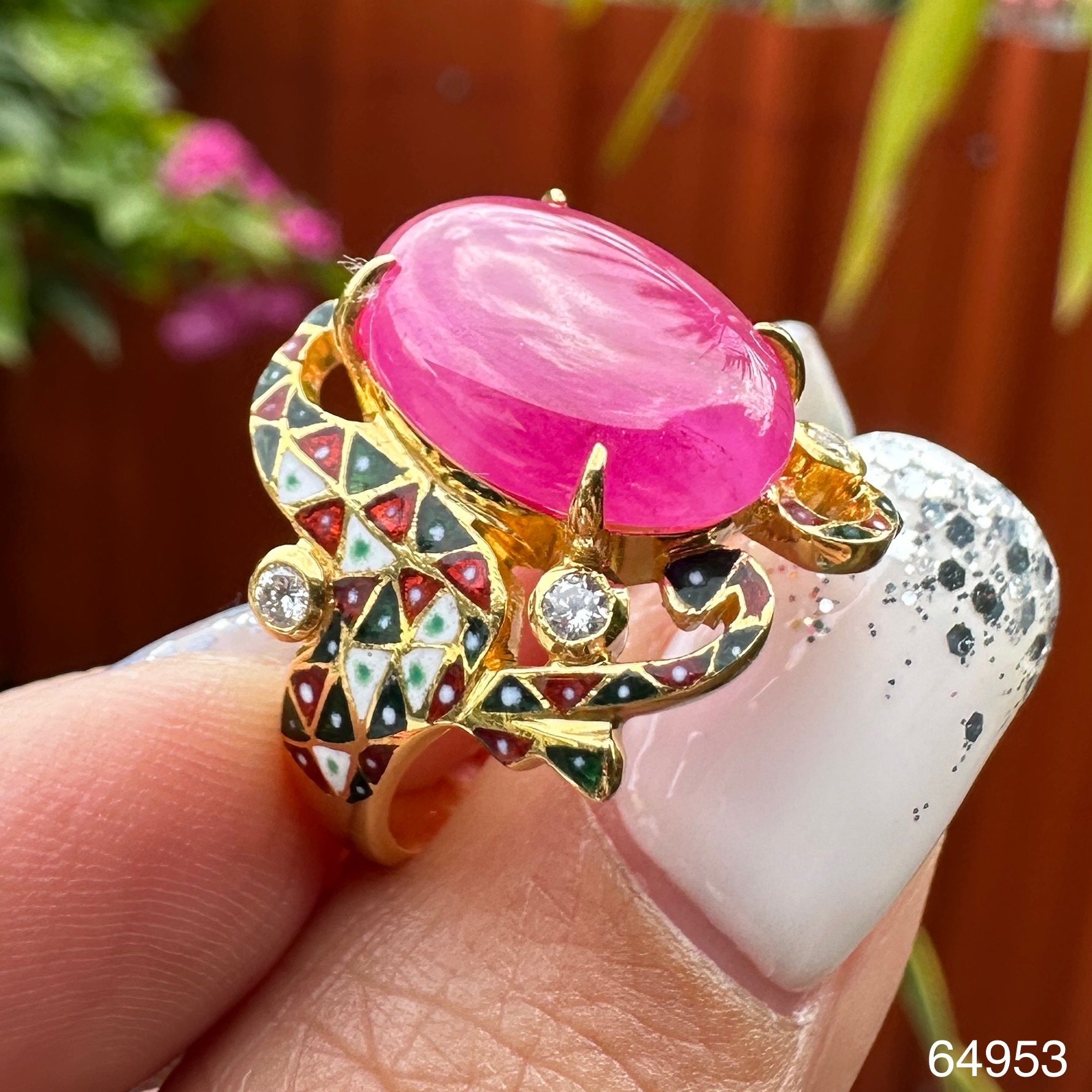 รหัส 64953 แหวน ทับทิม พม่า หลังเบี้ย ทองลงยา ฝังเพชร 4 เม็ด 0.12 กะรัต ทอง18K ขนาด 52 พร้อม Cert. นน. 9.10 g